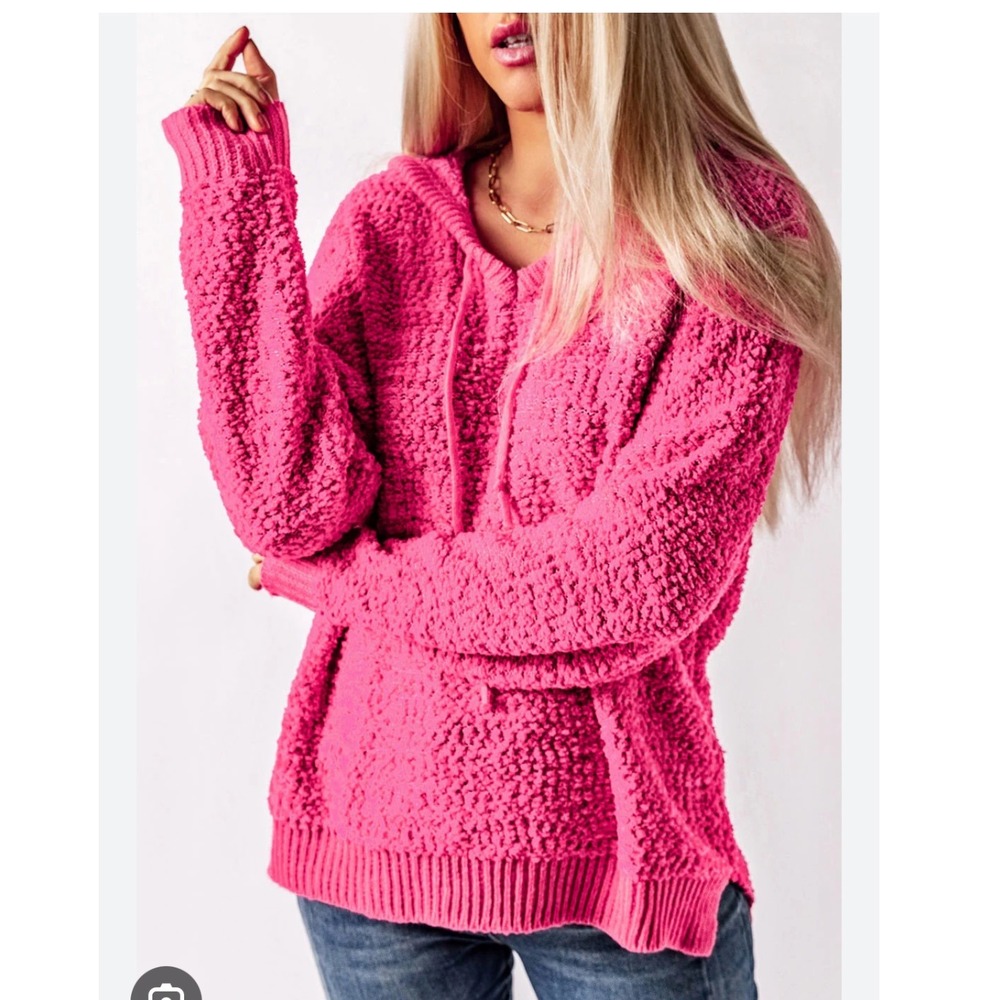 POL Pink Knit Popcorn Hoodie Large V Neck Long Sleeve‎ Pullover Sweater Womens
